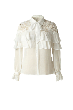 Collar Tie Belt Chiffon Contrast Lace Shirt 
